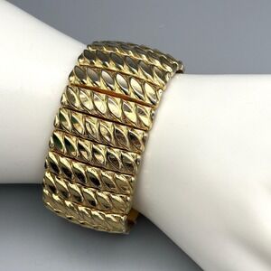 Vintage Gold Tone Accordian Sweetheart Bracelet Stretch Statement Retro